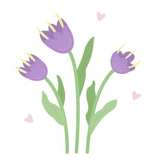 Fototapeta premium Three purple flowers, cute illustration