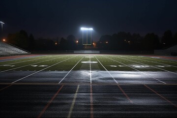 AI generated illustration of An illuminated football field at night in an empty stadium