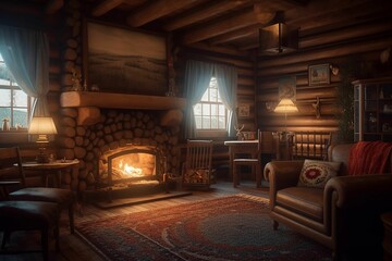a couch is sitting in a wooden cabin with a fire