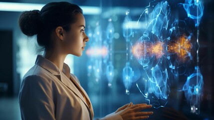 Female medical professional studying medical images displayed on a computer monitor. AI-generated.