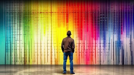 AI generated illustration of a man in front of a vibrant abstract wall mural