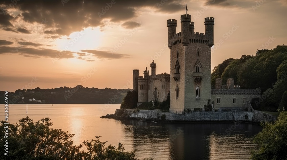 Wall mural AI generated illustration of an ancient castle on the edge of a tranquil lake, illuminated by sunset