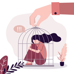 Giant hand close unhappy woman in cage. Sad woman sitting in birdcage - phobias, anxiety, panic attack. Health problems, depression. Discrimination, domestic violence, inequality.