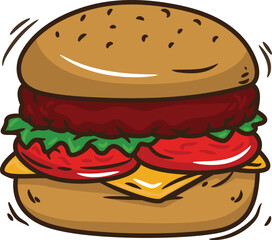 Burger illustration filled with meat, cheese and vegetables