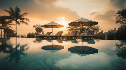 AI generated illustration of a tranquil outdoor setting with umbrellas and sun beds around a pool