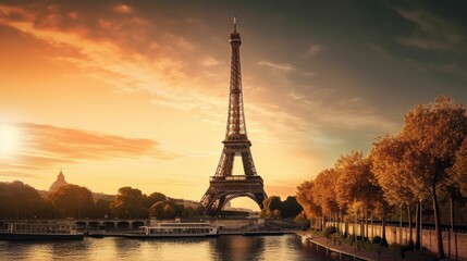 Fototapeta na wymiar AI generated illustration of the iconic Eiffel Tower illuminated by the setting sun