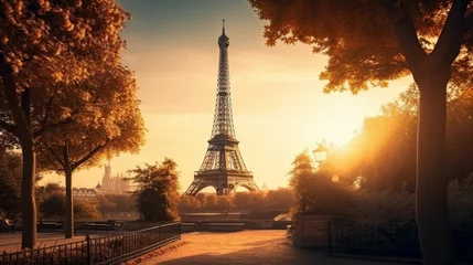 Zelfklevend Fotobehang AI generated illustration of the iconic Eiffel Tower illuminated by the setting sun © Palmtura/Wirestock Creators
