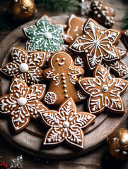 Gingerbread cookies close up. Christmas homemade gingerbread cookies on dark wooden table. Christmas banner with cookies glazed with white icing. Happy new year and happy winter holidays concept