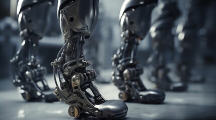 AI generated illustration of a line of robot legs wearing protective metal guards on their feet