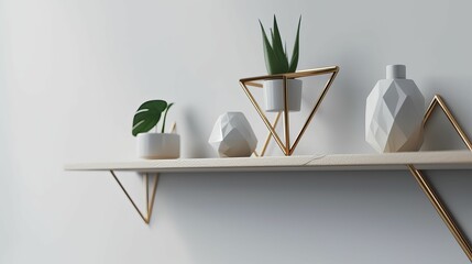 AI generated illustration of three gold metal potted plant brackets attached to a white wall