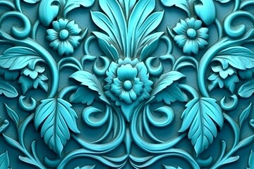 3d rendering of an ornate wall with blue flowers and leaves