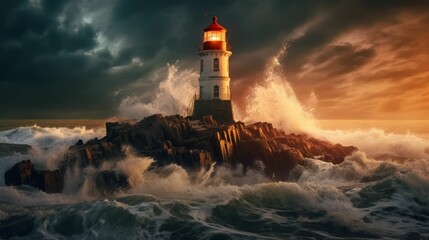 Obraz premium Lighthouse against a dramatic backdrop of an overcast sky and turbulent waves, AI-generated.