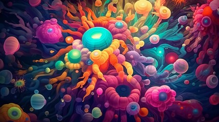 AI generated illustration of an abstract painting of microscopic objects in a vibrant composition