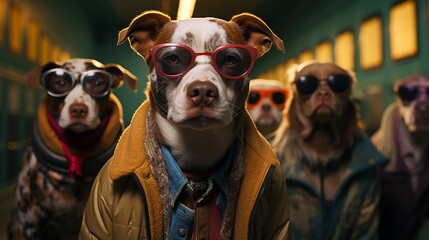 Stylish Dogs in Glasses, Jackets, and Sweatshirts. - A.I Generated Illustration.