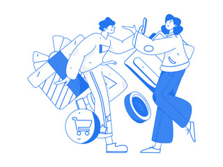 Holiday Shopping E-Commerce Online Shopping People Flat Vector Concept Operation Hand Drawn Illustration
