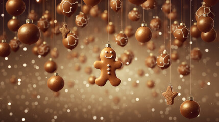 Christmas background with gingerbread decorations. Christmas greeting card with gingerbread cookies on colored brown bokeh background. Front view banner with copy space for xmas or new year greetings