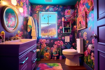 a bathroom with purple walls and a purple toilet