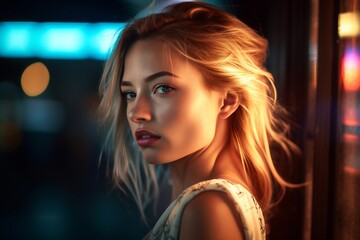 Fototapeta premium a beautiful blonde woman in a city at night