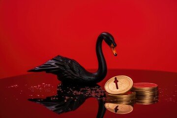 AI generated illustration of a black swan perched upon golden coins on a red background