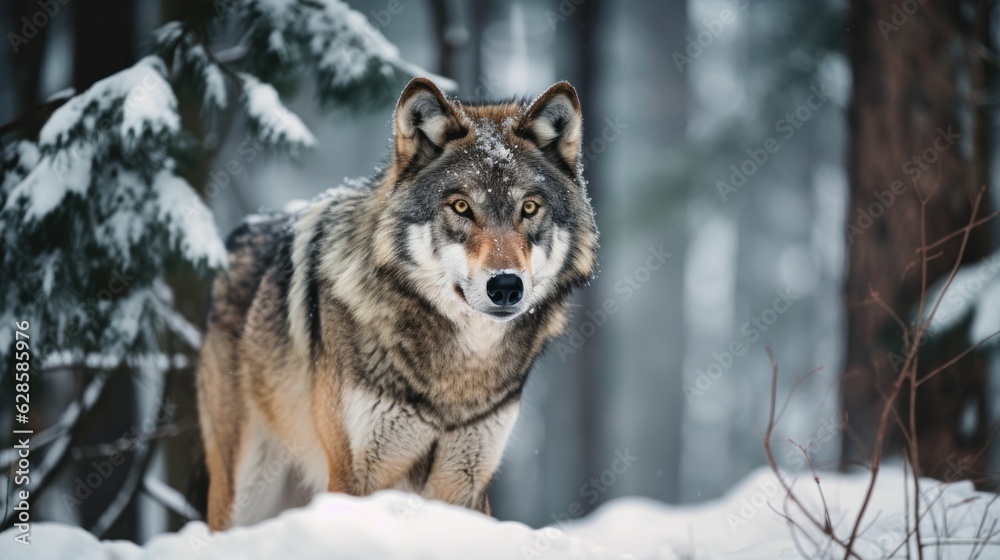 Poster ai generated illustration of a majestic wolf standing atop a snowy landscape