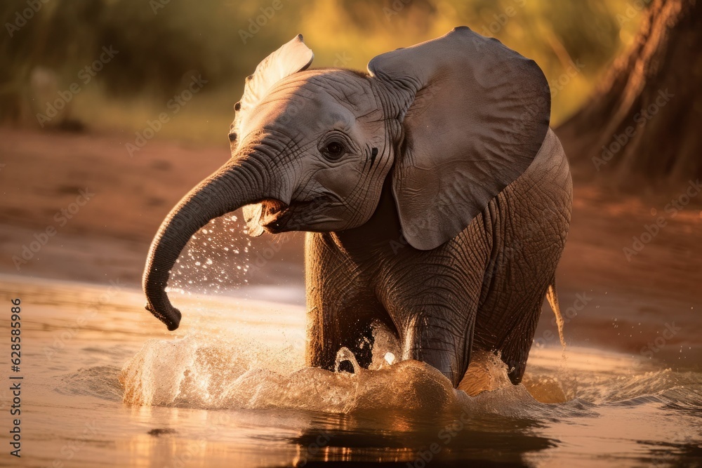 Sticker ai generated illustration of an adorable baby elephant walking across a tranquil body of water