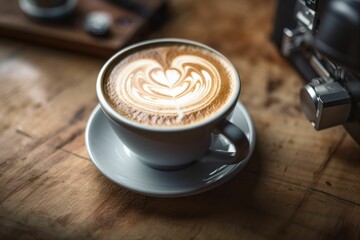 AI generated illustration of a cup of cappuccino on the table in a coffee shop