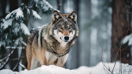 Fototapeta premium AI generated illustration of a majestic wolf standing atop a snowy landscape