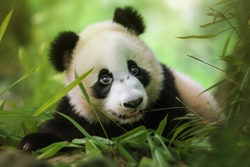 Obraz premium AI generated illustration of an adorable panda bear lounging on a rock in a lush green meadow