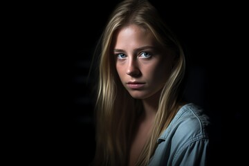 Naklejka premium a beautiful blonde woman with blue eyes in the dark