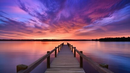 Obraz premium AI generated illustration of a dock against the backdrop of a beautiful sunset over the water