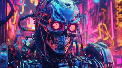 Robot skull in neon lit environment, apocalypse art, fantastical street. UltraDetailed. AI Rendered.