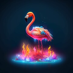 AI generated illustration of a vibrant pink flamingo with its feathers glowing in the flames
