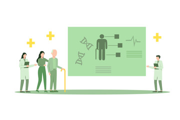 Fototapeta premium Vector Illustration about Professional medical team examining senior patients using medical apps on a digital tablet, they are checking their medical records and health