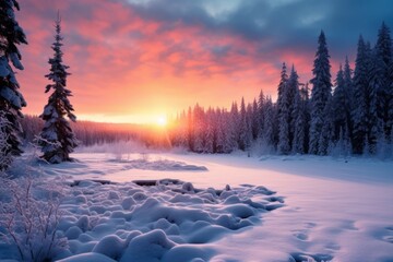 a beautiful sunset over a snowy forest