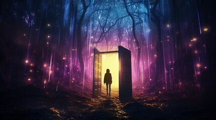 Obraz premium AI generated illustration of A male figure standing in a tranquil forest setting, with a door open