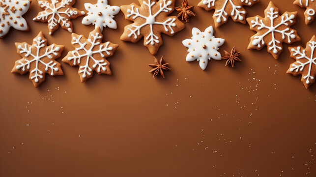 Christmas background with gingerbread cookies. Christmas greeting card with gingerbread snowflake cookies on colored brown background, top view. Flat lay with copy space for xmas or new year greetings