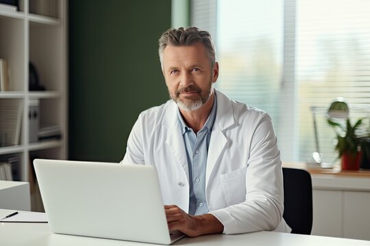 Smiling Caucasian middle aged male doctor in his office. Middle aged man sitting in front of laptop monitor in his office and looking at camera.
