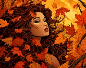 a beautiful woman with long hair surrounded by autumn leaves