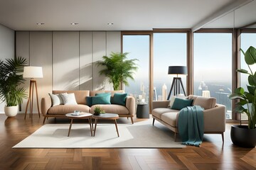 Fototapeta premium General view of luxury living room interior with armchairs, sofa and hanging basket chair.AI generated