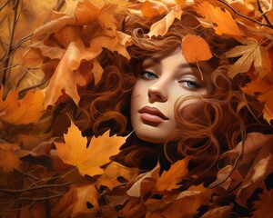 a beautiful woman with red hair surrounded by autumn leaves