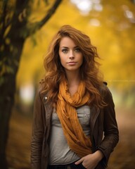 a beautiful woman with red hair standing in the middle of an autumn forest