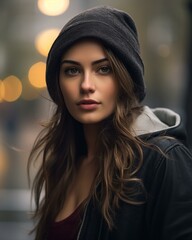 a beautiful young woman in a black jacket and beanie