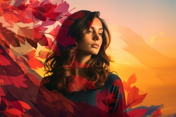 a beautiful woman with red leaves in the background