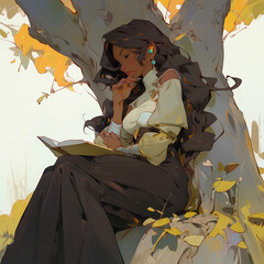 A girl is sitting under a tree and reading a book. In the anime style . High quality illustration