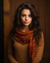 a beautiful young woman in a brown sweater and orange scarf