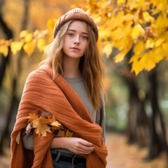 a beautiful young woman in an autumn park with autumn leaves