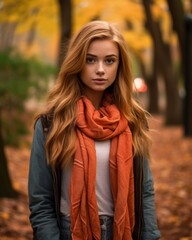 a beautiful young woman in an orange scarf in the fall