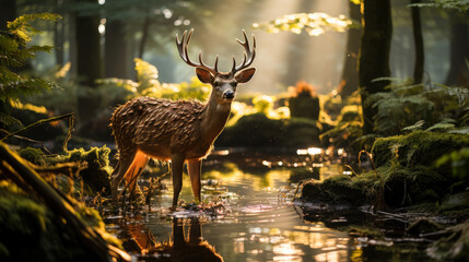 A serene forest scene at dawn with sun's rays piercing through dense foliage and a deer grazing...