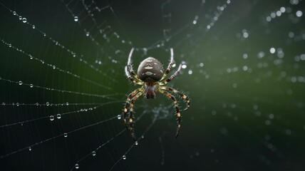 AI generated illustration of a beautiful spider perched on its intricate wet web
