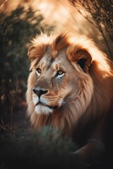 Fototapeta premium AI generated illustration of a majestic lion laying in a lush brown forest